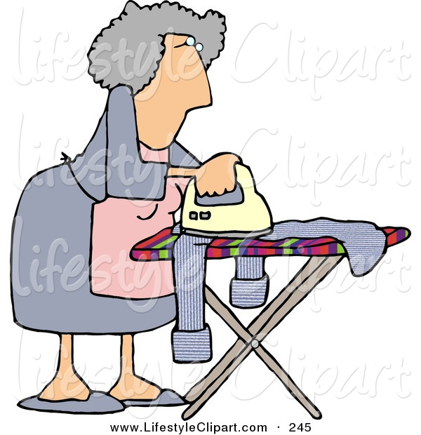 Lifestyle Clipart Of A Housewife Ironing Clothes On An Ironing Board