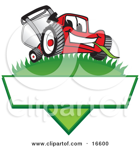 Red Lawn Mower Mascot Cartoon Character On A Grassy Hill On A Blank