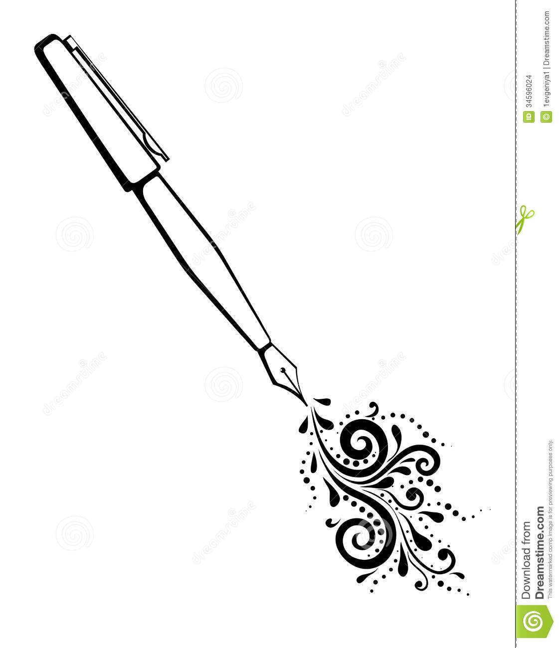 Black And White Outline Of An Ink Pen With A Painted Floral Design Of