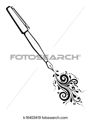 Clip Art   Black And White Outline Of An Ink Pen With A Painted Floral