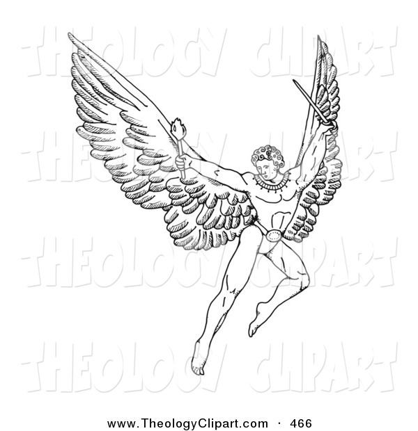 Clip Art Of A Pen And Ink Outline Drawing Of A Male Warrior Angel With    