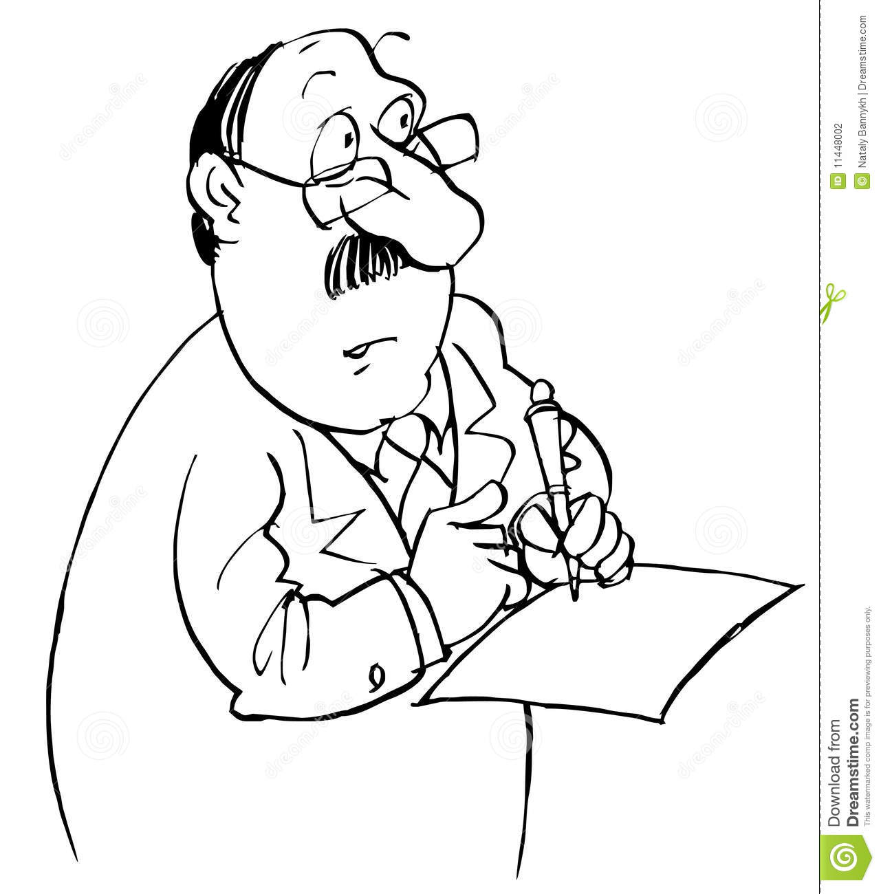 Black And White Illustration  Office Worker Writes On The Paper Sheet