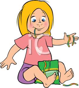 Cartoon Of A Girl Eating Gummy Worms   Royalty Free Clipart Picture