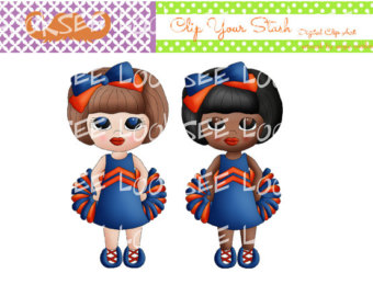 Cheerleader Blue Orange Cheer Ethnic Brown Black Hair Pom Poms Clip