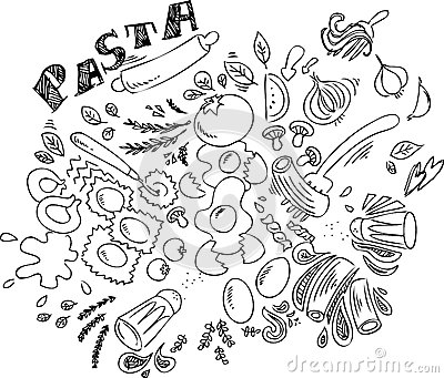 Black And White Digital Illustration Of Pasta And Ingredients For