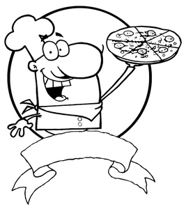 Black And White Italian Chef Holding A Pizza With A Blank Banner 0521