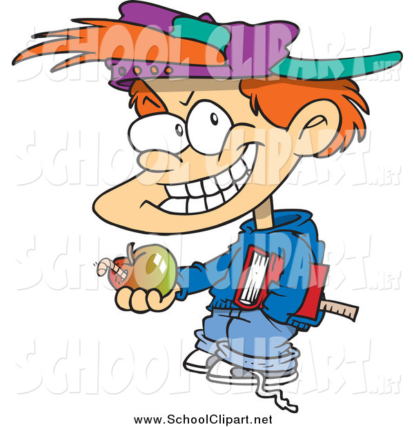 Clip Art Of A Bad White School Boy Holding An Apple Clipart