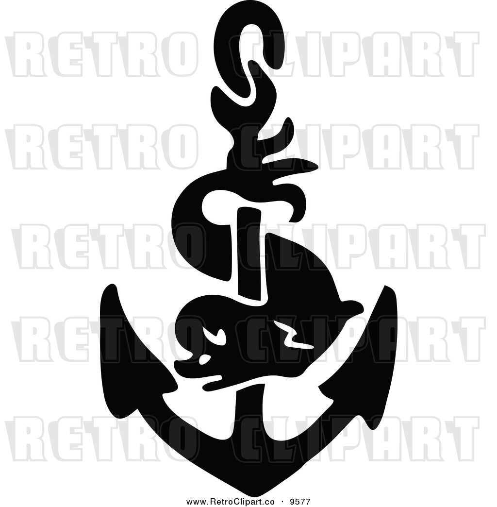 Vector Clipart Of A Retro Black And White Anchor And Dolphin By Prawny