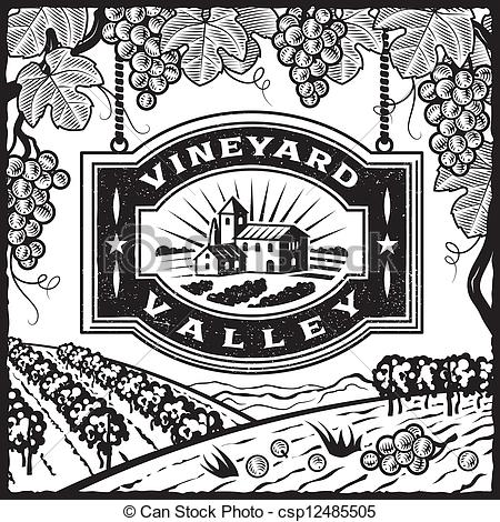 Vector   Vineyard Valley Black And White   Stock Illustration Royalty