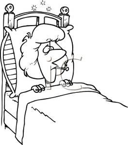     White Cartoon Of A Woman Sick In Bed   Royalty Free Clipart Picture