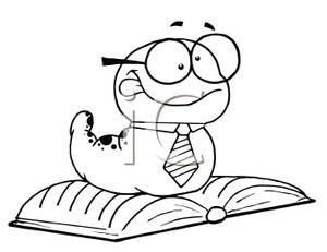 Black And White Cartoon Of A Bookworm Reading A Book   Royalty Free