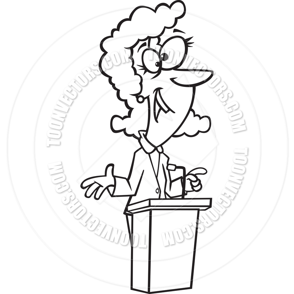 Cartoon Lady Speaker  Black And White Line Art  By Ron Leishman   Toon