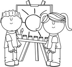 Clip Art Black And White   Black And White Kids Painting On Easel Clip