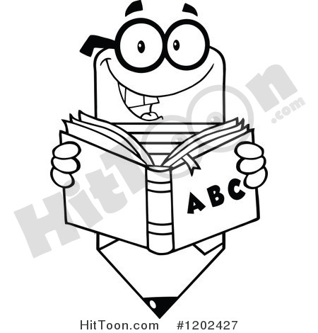 Clipart  1202427  Black And White Pencil Teacher Mascot Reading A Book