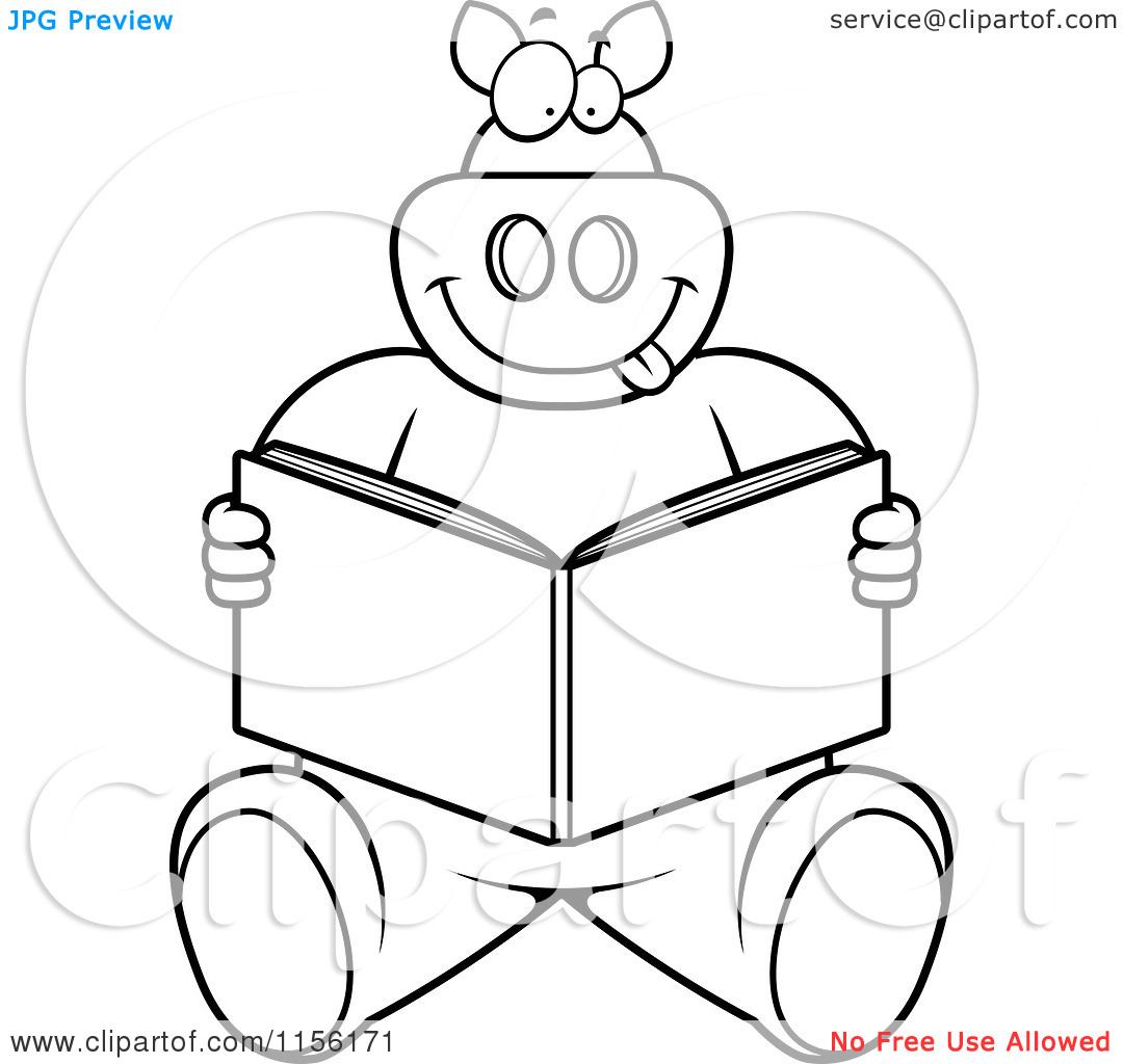 Clipart Of A Black And White Big Pig Sitting And Reading A Book    