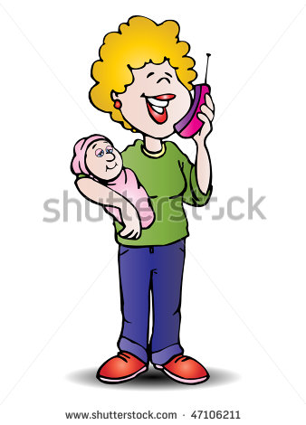 Female Baby Sitter Calling Someone Using Red Cell Phone Stock Photo