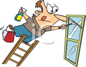 Out On A Ladder Washing A Window   Royalty Free Clipart Picture