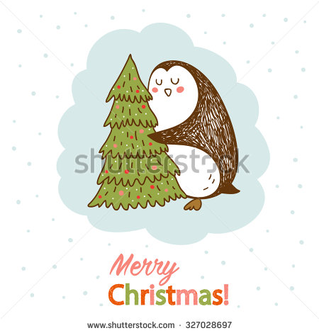 Postcard With A Cute Penguin Hugging A Christmas Tree   Stock Vector
