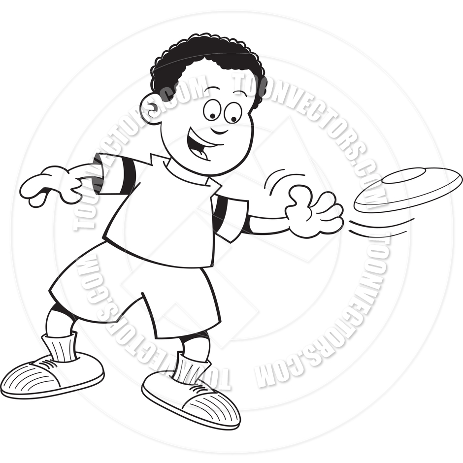Cartoon Boy Throwing A Flying Disc  Black And White Line Art  By    