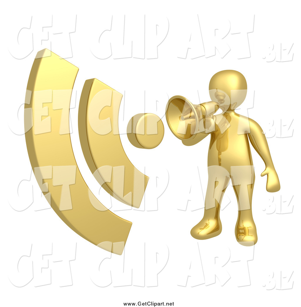 Clip Art Of A 3d Gold Man Announcing Rss With A Megaphone Bullhorn By