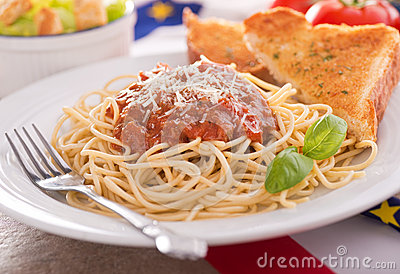Homemade Spaghetti With Meat Sauce Garlic Bread And Caesar Salad