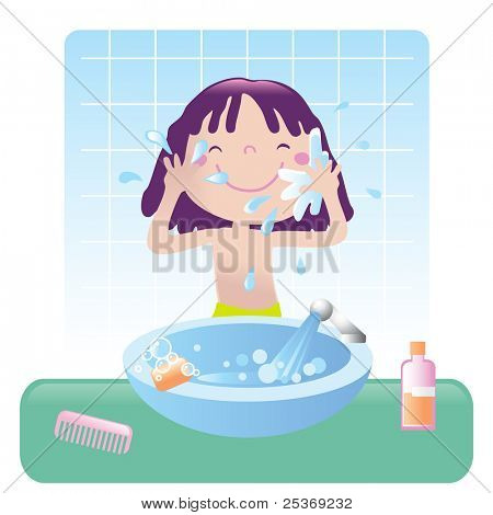 Picture Or Photo Of Cute Girl Washing Her Face In Bathroom Vector