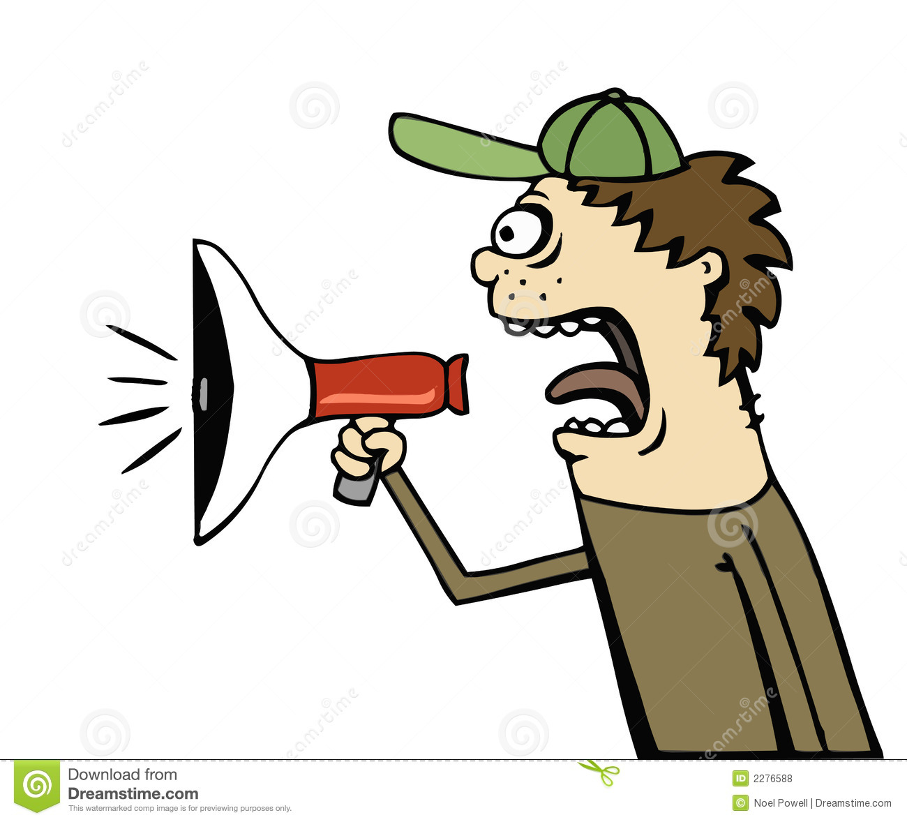 Profile Of A Cartoon Guy Yelling Into A Bullhorn Against A White