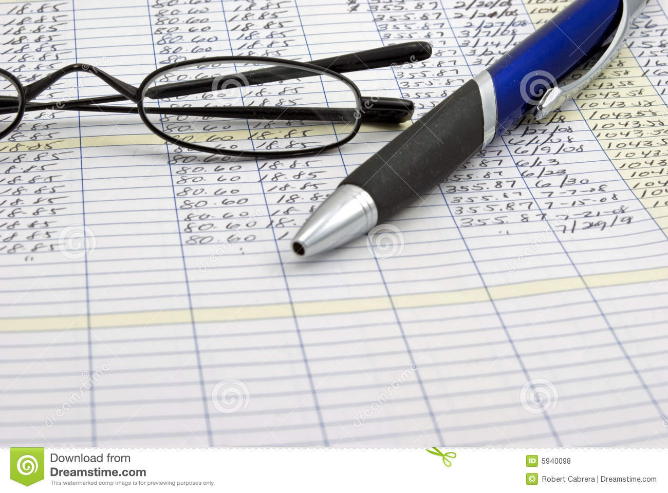 Bookkeeping Ledger With Glasses And Pen Detailed