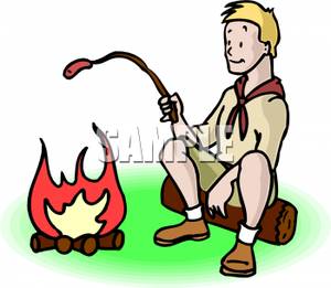Boy Roasting A Hot Dog Over A Camp Fire   Royalty Free Clipart Picture