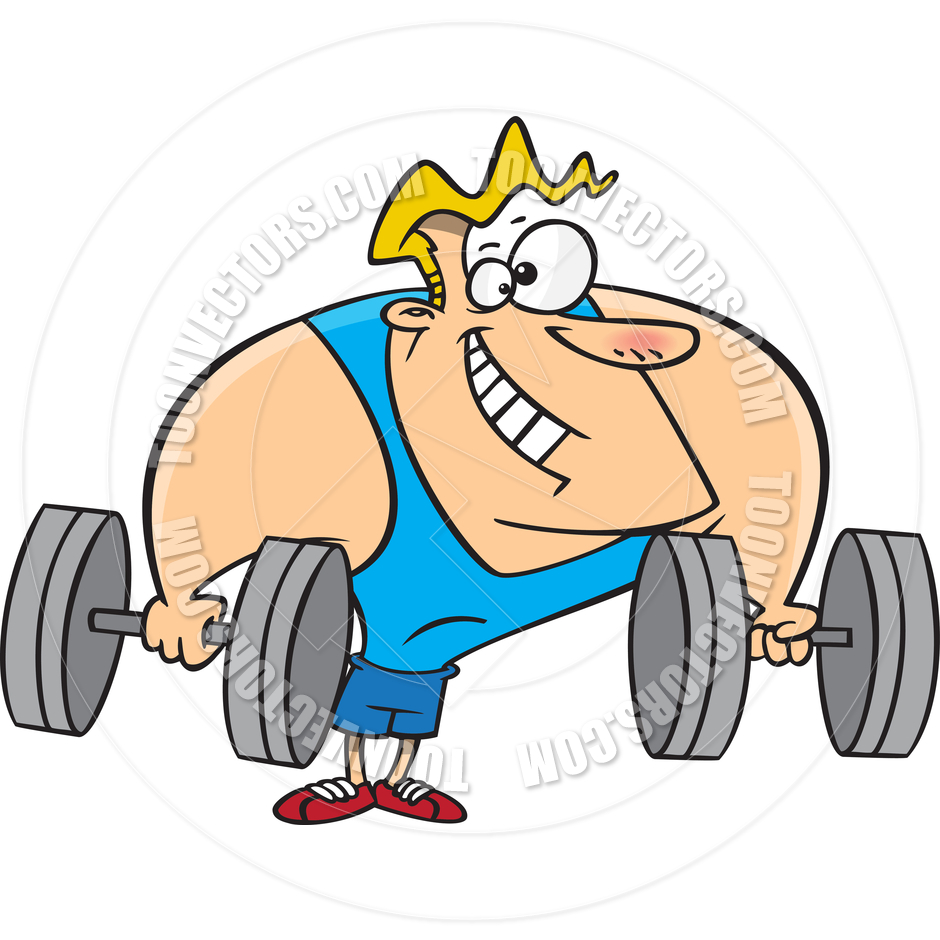 Cartoon Muscular Man Lifting Weights By Ron Leishman   Toon Vectors