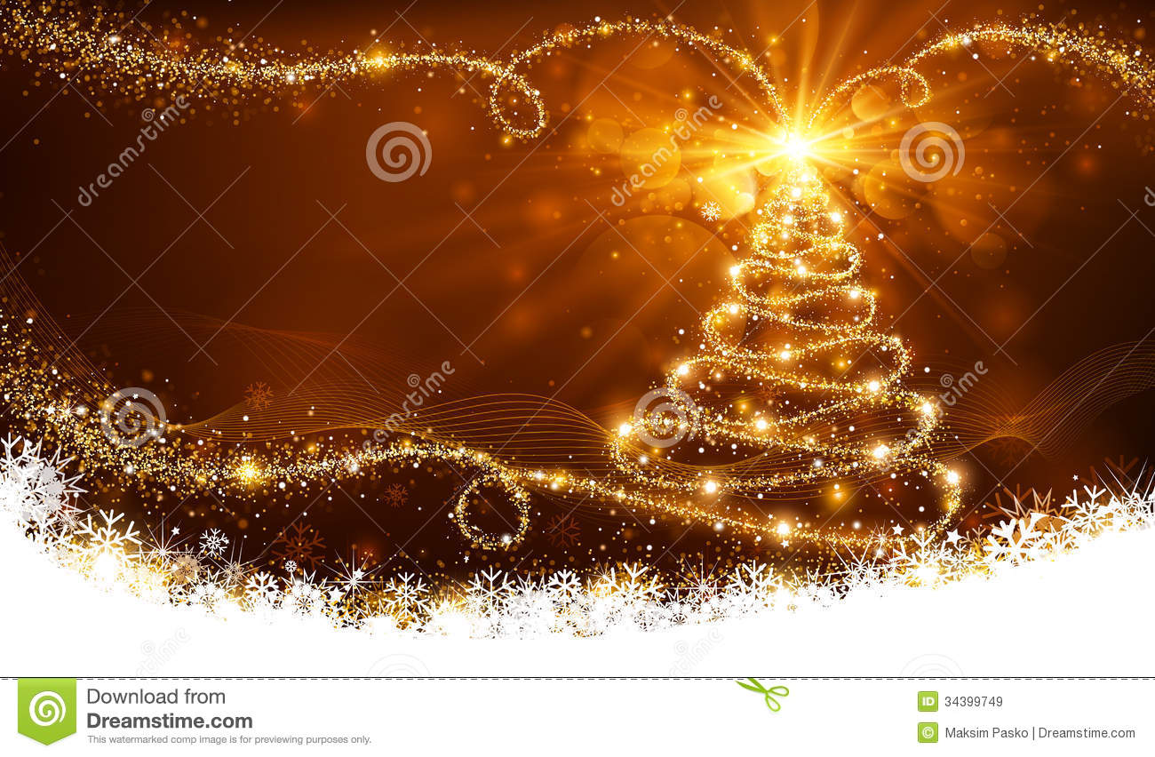 Christmas Golden Background With A Magic Tree Of Bright Lights And