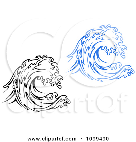 Clipart Black And White Splashing Wave And Red Sun   Royalty Free
