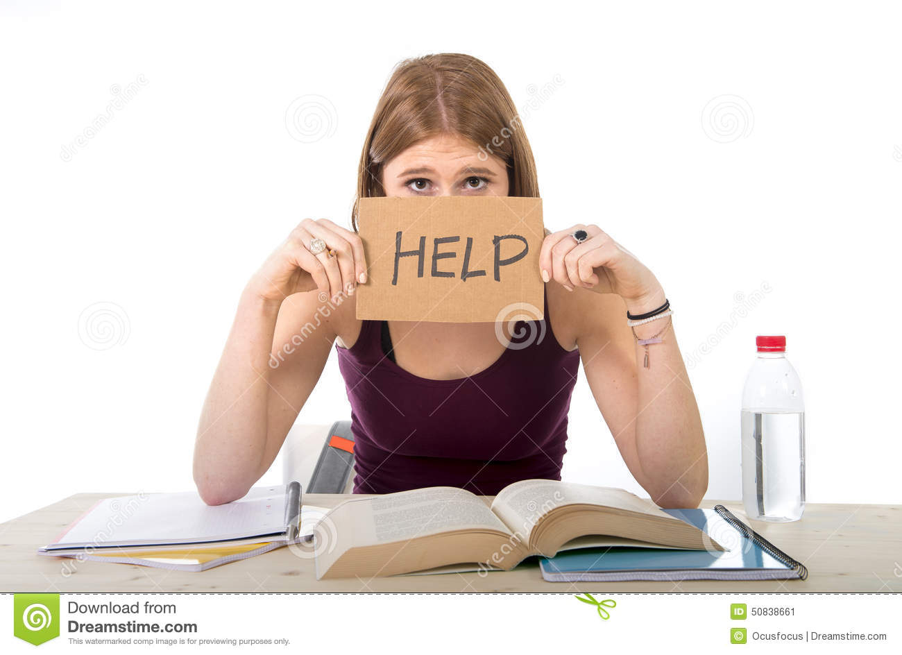 Stock Photo  College Student Girl Studying For University Exam Worried    