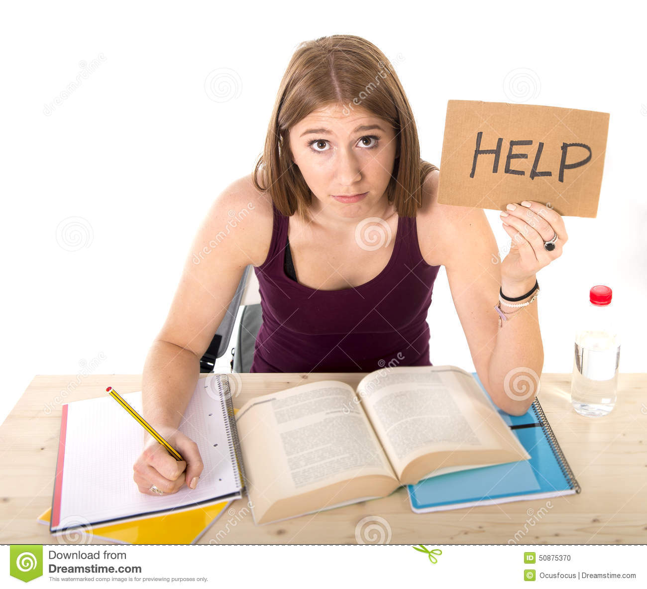 Young Beautiful College Student Girl Studying For University Exam In