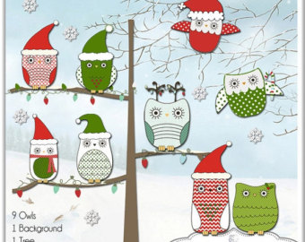 40  Off Sale Christmas Clip Art Owl S Red Green Tree Snow Cards    
