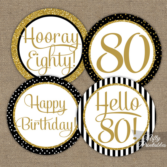 80th Birthday Cupcake Toppers   Black Gold