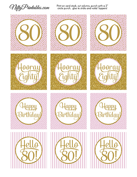 80th Birthday Cupcake Toppers In Pretty Pink And Gold Glitter Style