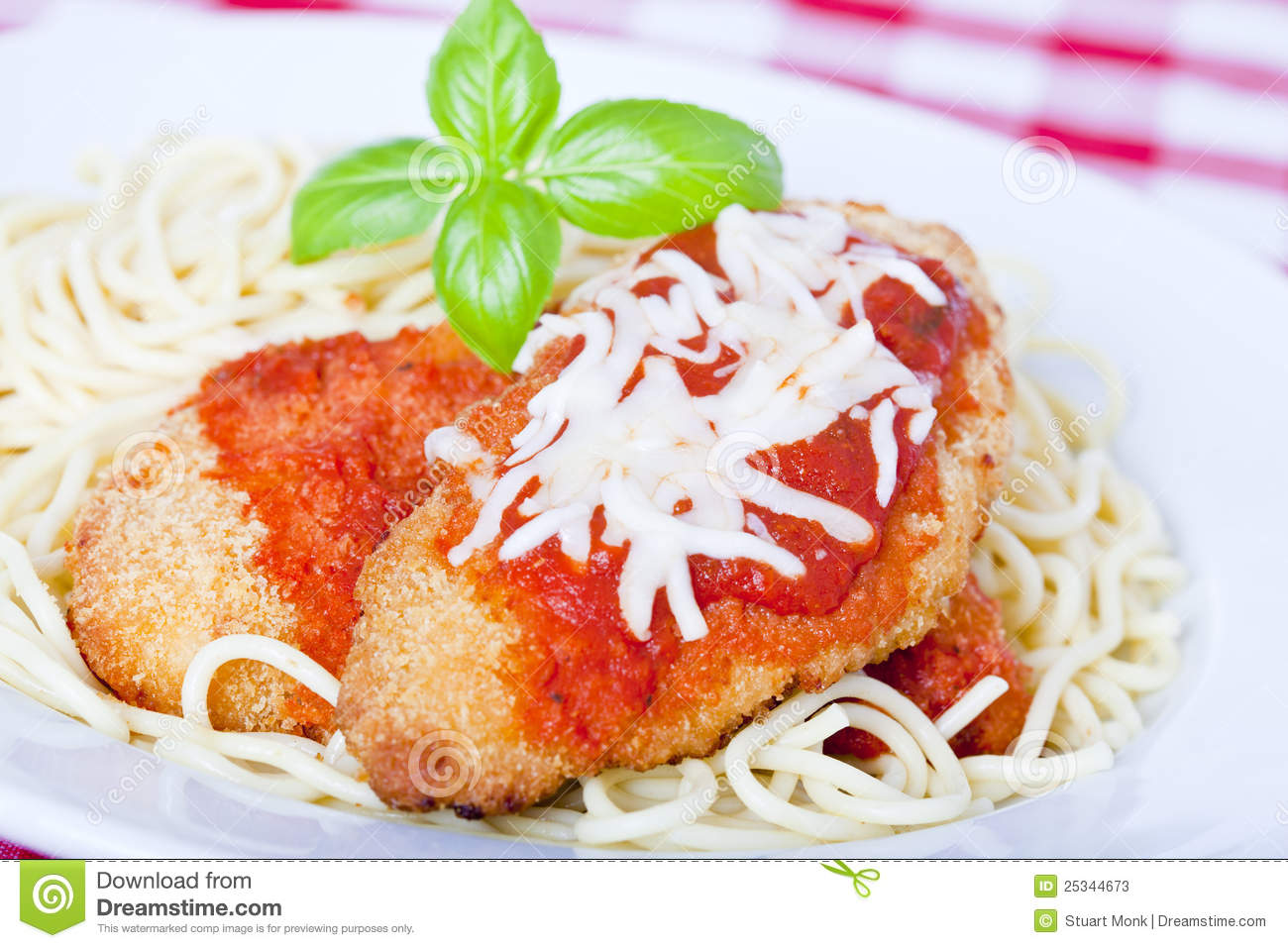 Chicken Parmigiana On A White Plate With Spaghetti