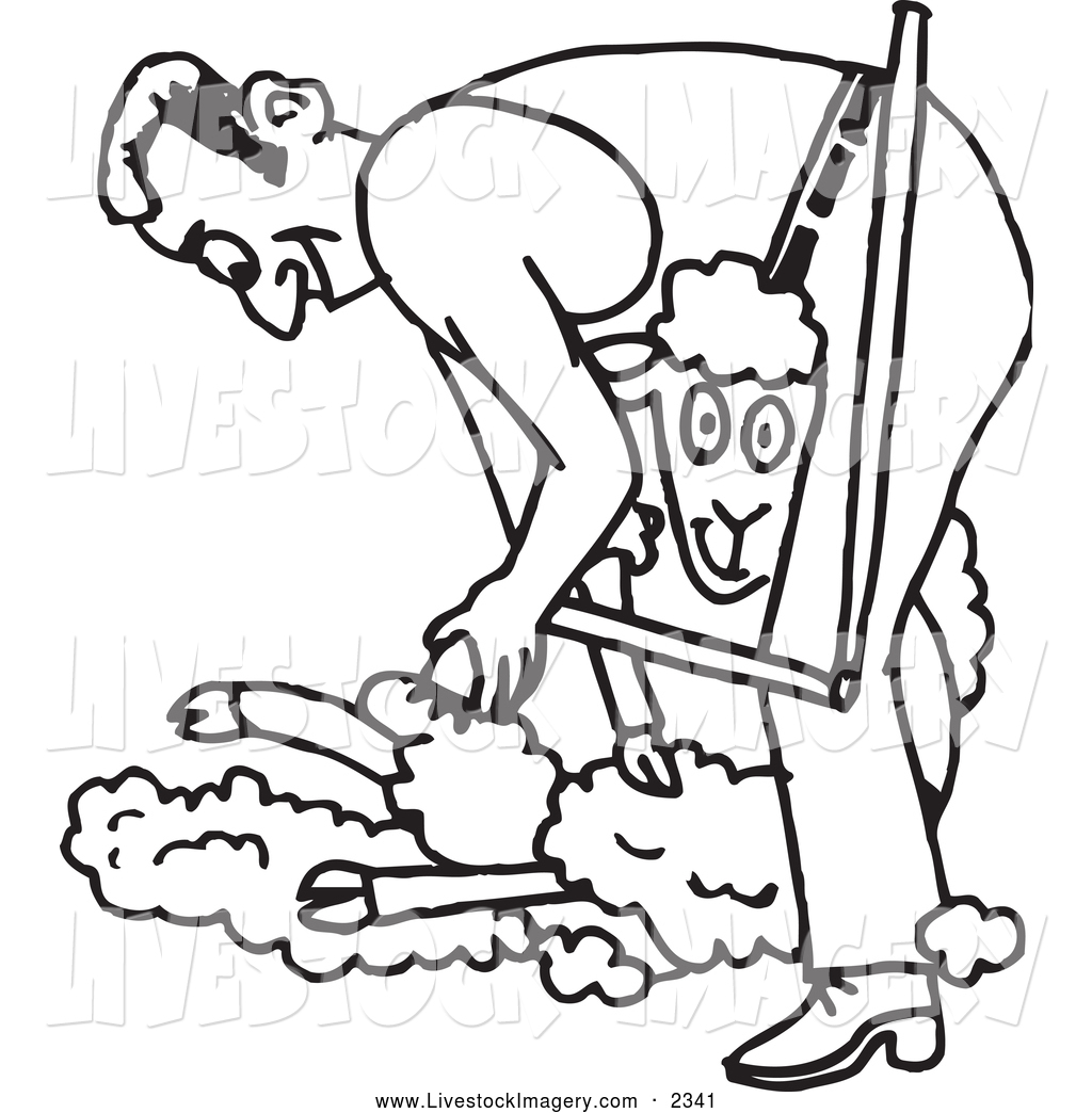 Clip Art Of A Black And White Outlined Farmer Shearing A Sheep By