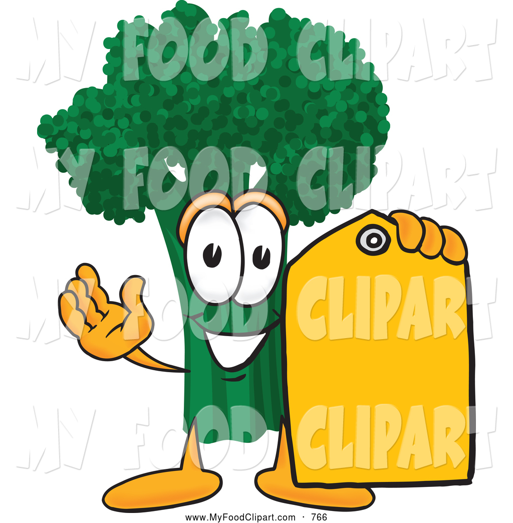 Food Clip Art Of A Green Broccoli Character Holding A Yellow Sales