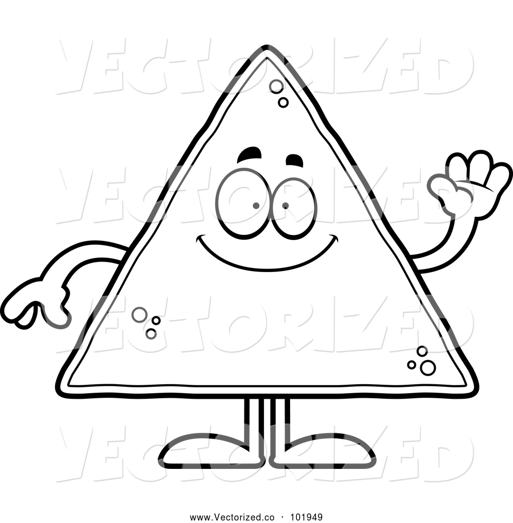 Free Clipart Of A Black And White Outlined Waving Tortilla Chip