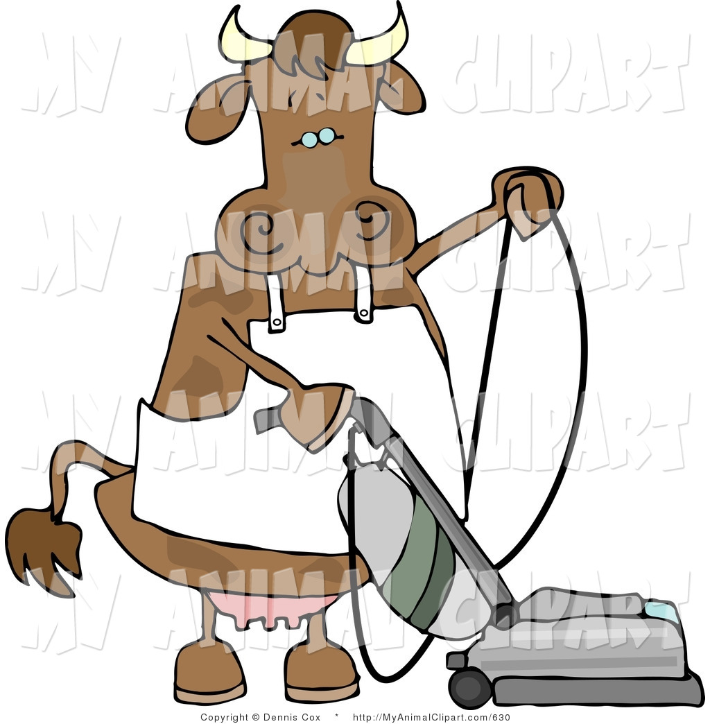 Larger Preview  Clip Art Of A Housewife Brown Cow Vacuuming The Living