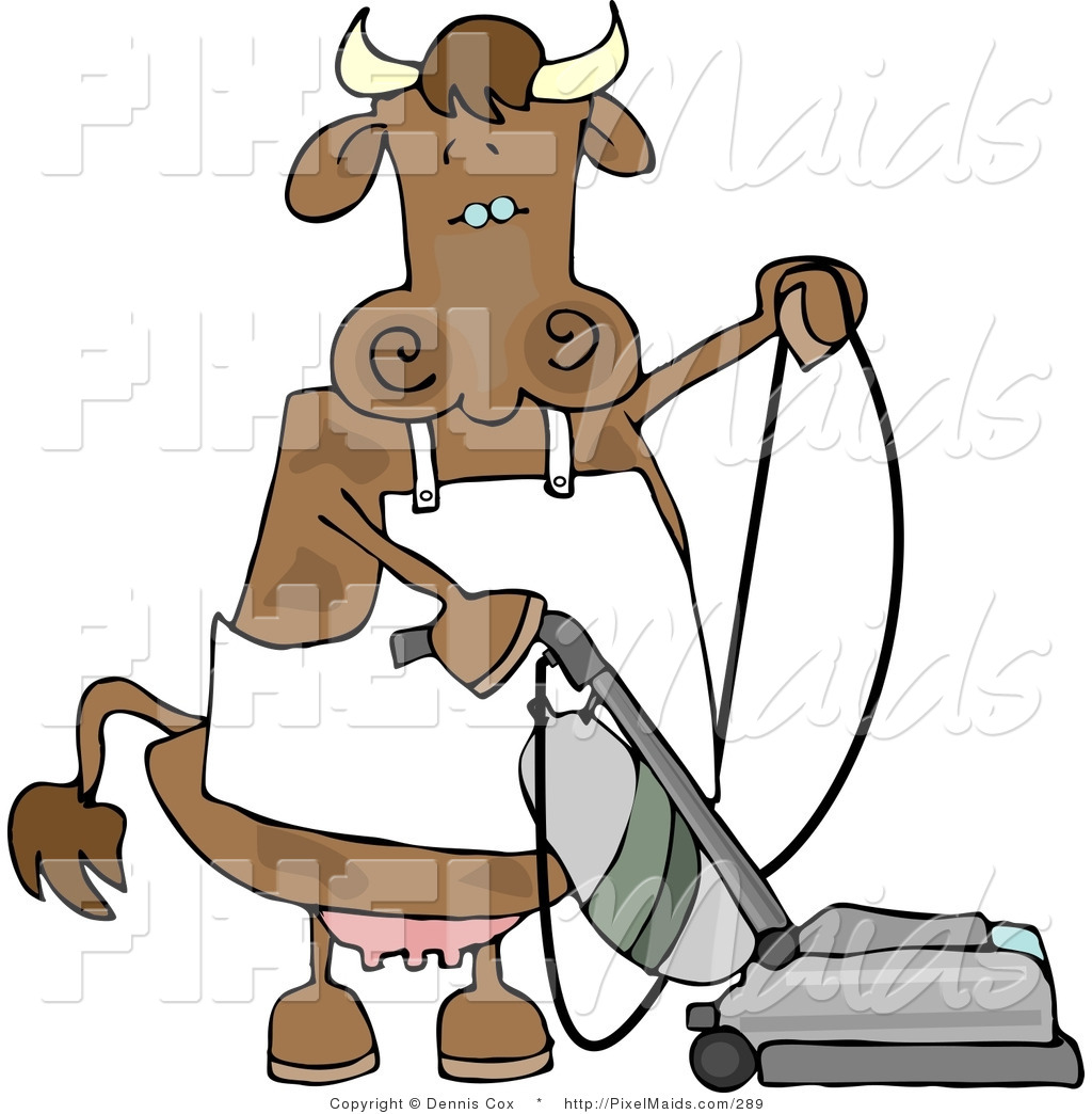 Preview  Clipart Of A Housewife Spotted Brown Female Cow Vacuuming
