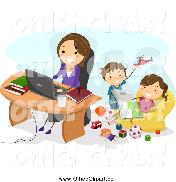 Vector Clip Art Of A Happy Caucasian Mom Working At Home As Her Kids