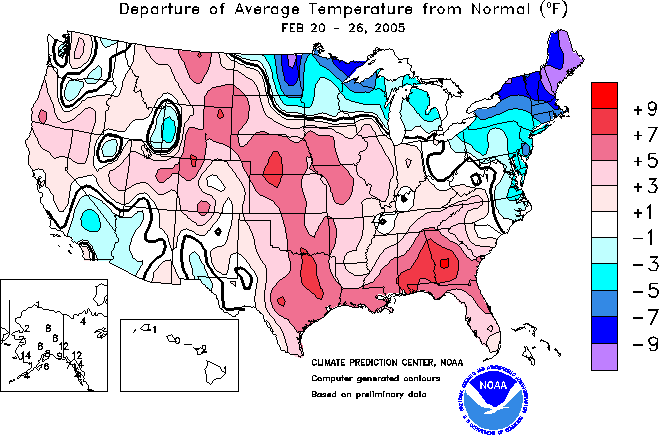 Departure Of Average Temp  From Normal  Feb  13 19 2005