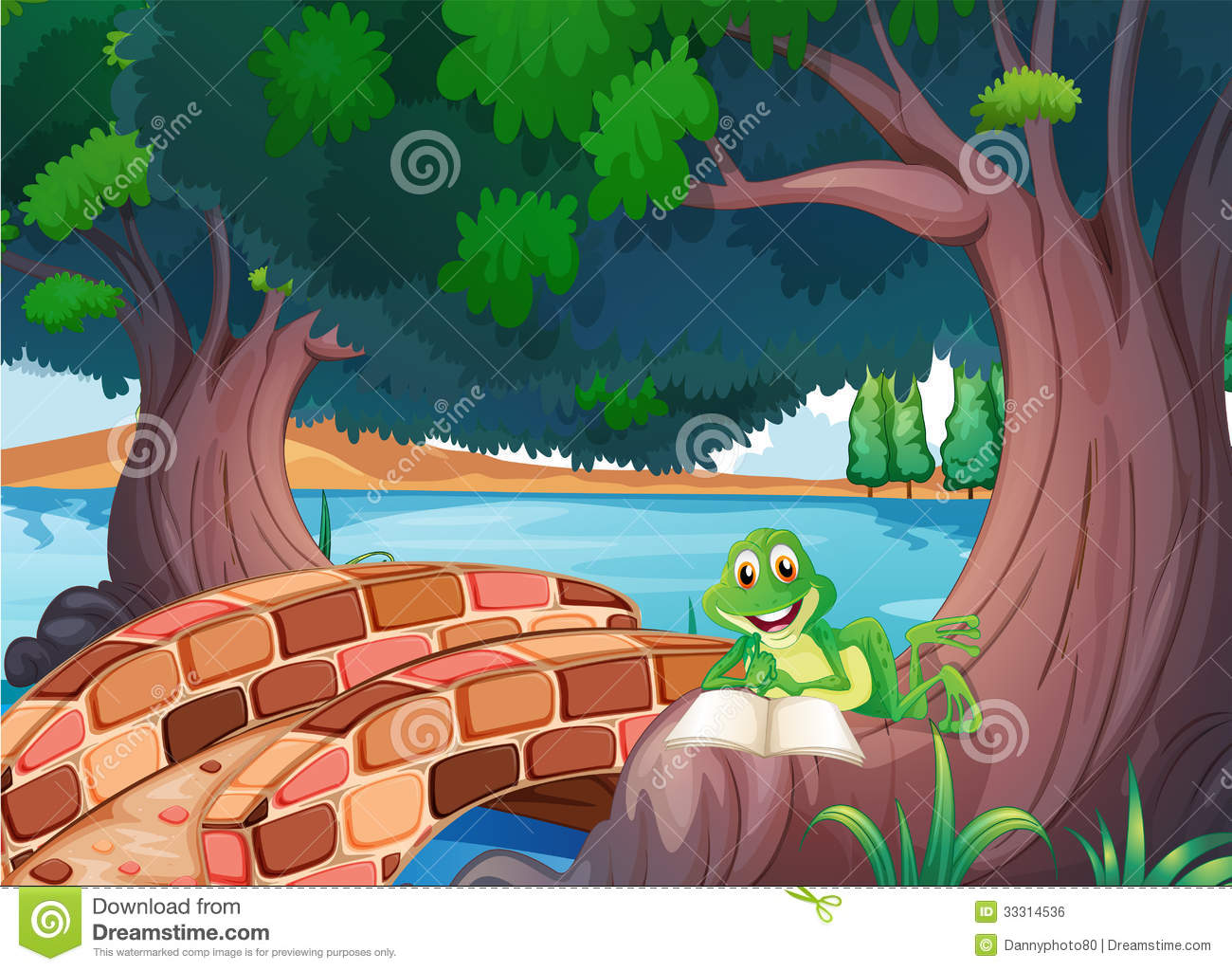 Frog Reading Under The Tree Beside A Bridge Royalty Free Stock Image