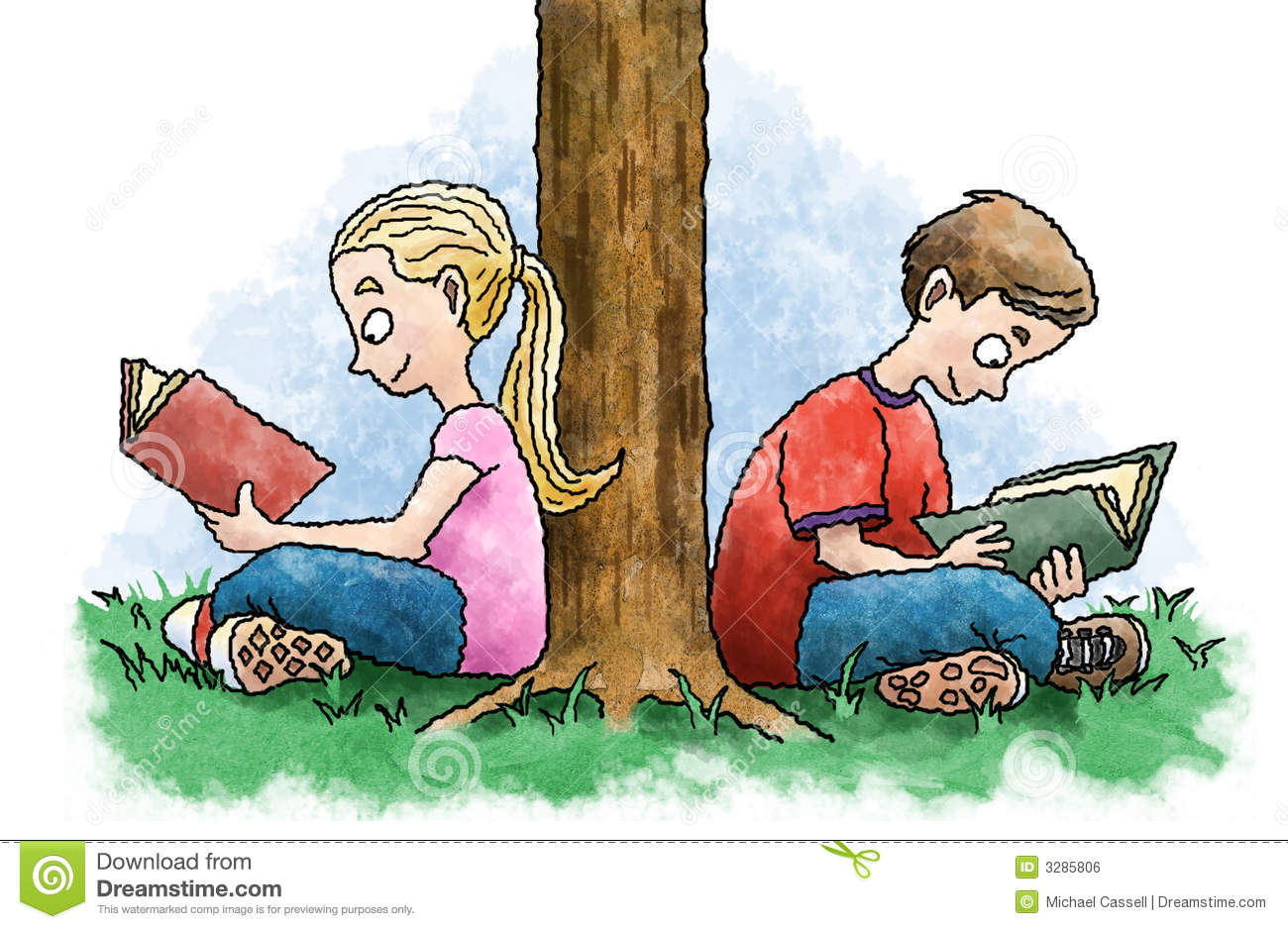 Girl And Boy Sitting Against A Tree Reading Books