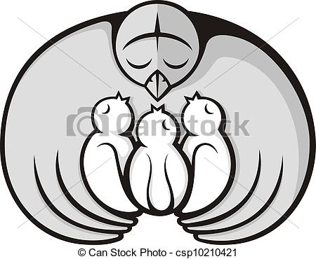 Grayscale Icon Of Mother Bird Embracing Three Nesting Baby Birds