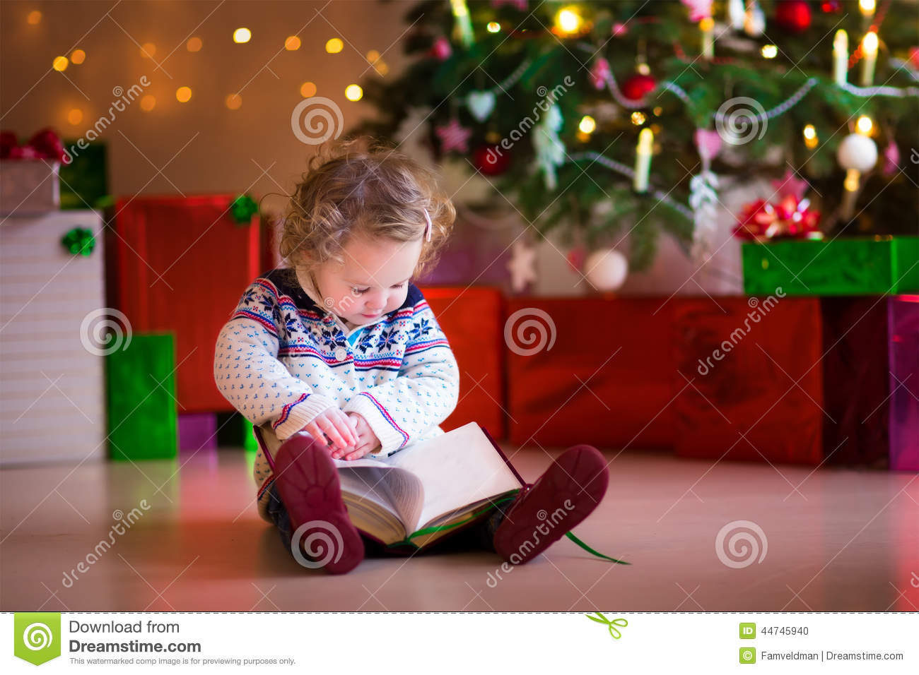 Sweater Sitting On A Floor Next To A Christmas Tree Reading A Book