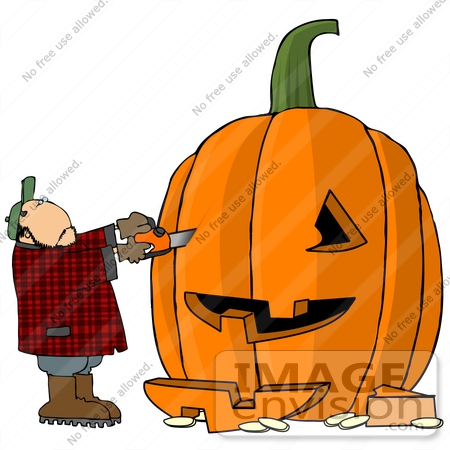 Aged Caucasian Man Carving A Halloween Pumpkin With A Chainsaw Clipart    